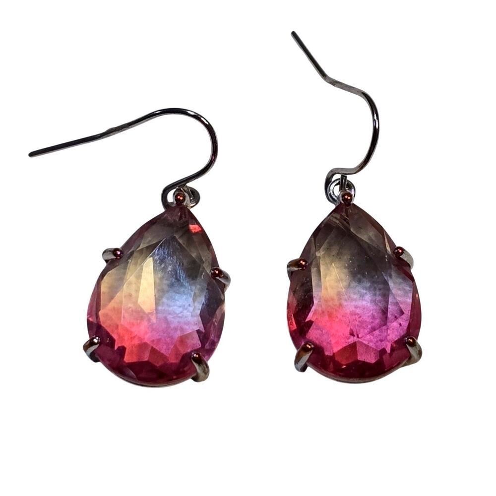 Lucky Brand Pink Ombre Teardrop Earrings Silver Faceted Pear Drop French Hook